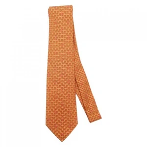 HERMES Necktie Tie Orange all-over pattern 100% Silk made in France J7494 - Picture 1 of 24