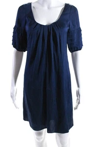 Elie Tahari Womens Pleated Puff Sleeve Satin Scoop Neck Sheath Dress Navy Size 4 - Picture 1 of 5