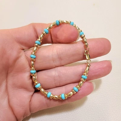 Turquoise 4mm 14k Solid Yellow Gold Oval Heishi Bead Lobster Clasp Bracelet - Image 1 of 4
