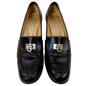 Salvatore Ferragamo Sport Loafers Women’s 8.5 A Black Leather Gancini Italy Heel - Picture 1 of 15