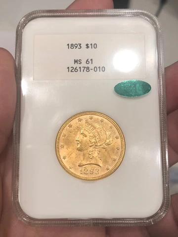 1893 $10 Gold Liberty graded MS61 by NGC CAC White Label Nice Original Type Coin Cover
