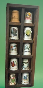 Wood Wall Hanging Display Case With 10 Collectible Thimbles 9 Porcelain 1 Wood - Picture 1 of 14