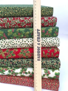 CHRISTMAS HOLLY FABRIC REMNANTS 8 PCE BUNDLE 100% COTTON GREEN CREAM RED GOLD - Picture 1 of 2
