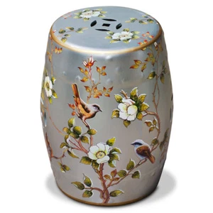 US Seller - Silver Famille Jaune Peony and Bird Motif Asian Garden Stool - Picture 1 of 5