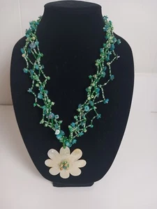 Beautiful Multi Strand Green Blue Beaded Floral Statement Necklace 19" - Picture 1 of 9