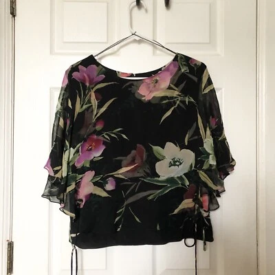 Adrianna Papell Toda Seda Negra Floral Blusa Dos Capas Top Floral Talla 12 Foto 1 de 4