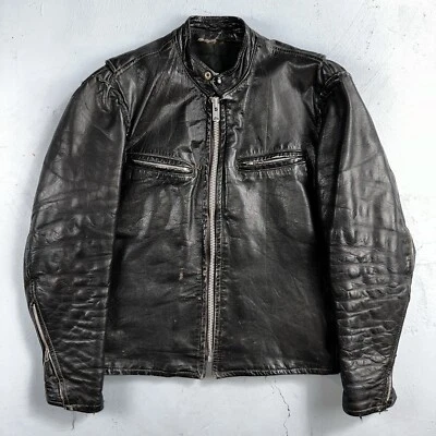 Jaqueta de couro preta vintage anos 50 anos 60 motociclista café corrida 38 década de 1950 década de 1960 - Imagem 1 de 4
