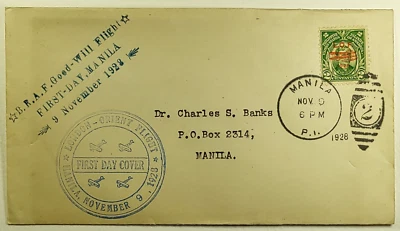 1928 Raro FDC Manila Filipinas BRAF Buena Voluntad Londres Oriente Vuelo Foto 1 de 2