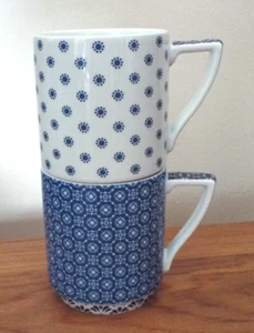 Set of 2 Ted Baker Portmeirion Balfour Blue & White Pattern STACKING MUGS - Picture 1 of 5