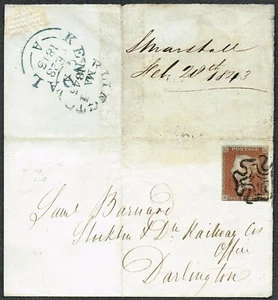 1843 1d Red Brown Pl 21 SB 4m KENDAL Maltese Cross on Cover to DARLINGTON Fine - Picture 1 of 1
