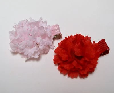 2 Toddler Flower Hair Clips - Pink and Red Silk Carnations - Handmade lot 1.75" - Image 1 of 2