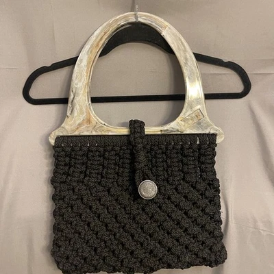 Vintage 70s Black Crochet/Macrame Purse Bag Plastic Handles Boho - Image 1 of 4