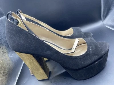 Qupid Black Faux Suede Platform Gold High Heel Pumps Womens Shoes Size 7.5 - Image 1 of 4