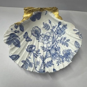 Portagioie decorativo conchiglia di capesante fatto a mano disegno floreale con bordo oro - Foto 1 di 7
