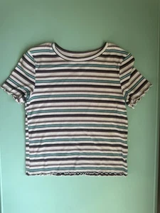 SO Girls Stripe Top Multi Size 14 XL Round Neck Curly Lettuce Hem Trim Pullover - Picture 1 of 7