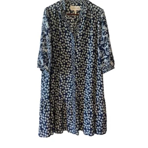 Saloni Tyra Silk Shirt Dress 3/4 Sleeve Band Collar Pockets Navy Aspen Size 10 - Picture 1 of 8