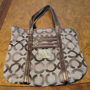 COACH Poppy Op Art Glam Brown Canvas Logo Bronze Shoulder Tote Bag 13826 Large - Picture 1 of 5