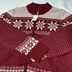 Brooks Brothers Pullover Damen XL 100 Lammwolle rot weiß Fair Isle durchgehender Reißverschluss neu mit Etikett - Bild 1 von 9
