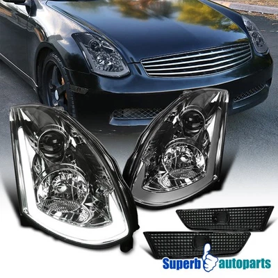Fits 2003-2007 Infiniti G35 Coupe Smoke Projector Headlights+Side Marker Lights Foto 1 de 4