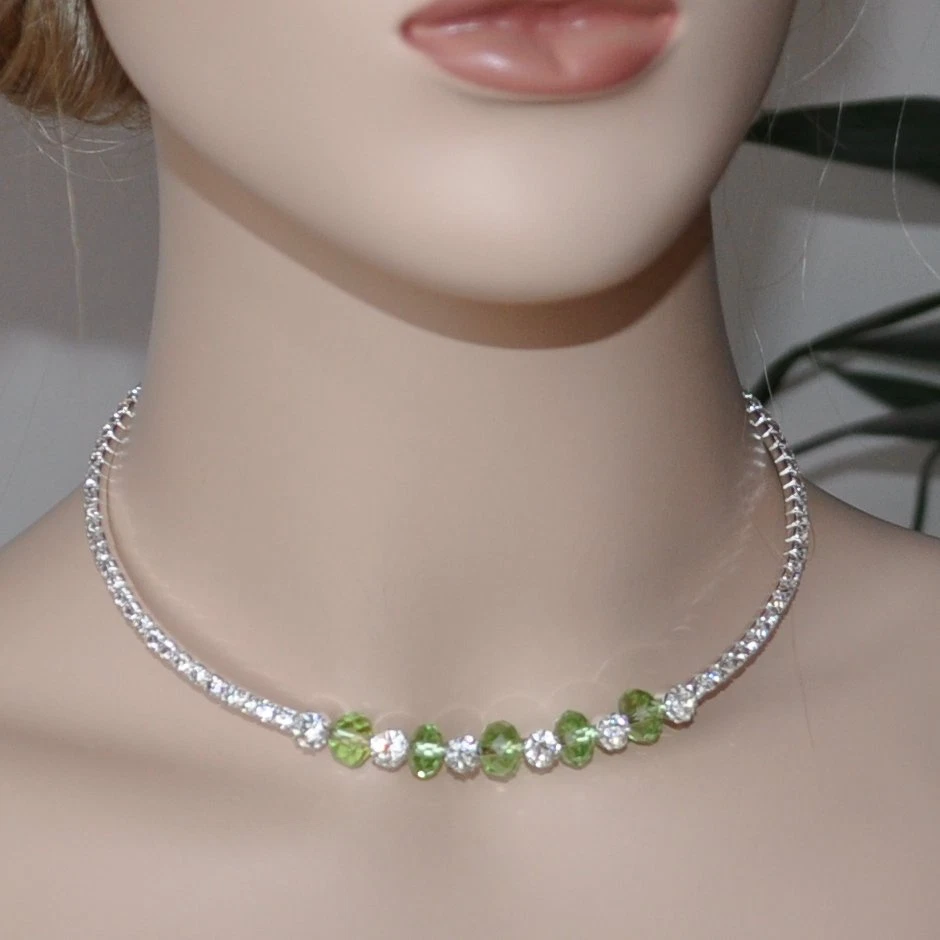 Girocollo Collana Color-Argento Verde Strass Costume Tipico Dirndl Gioiello - Immagine 1 di 1
