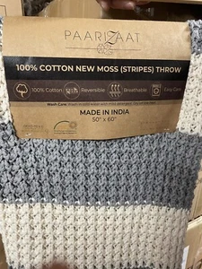 Nueva manta de lanzamiento de musgo Paarizaat 100 % algodón 50""x60"" nueva con etiquetas gris y blanco a rayas - Imagen 1 de 3