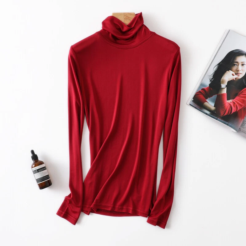 Camiseta Top Capa Mujer Cuello Alto Seda Morera Ligera Elastizada Manga Larga Foto 1 de 4