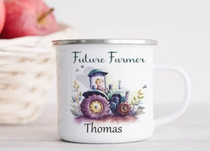 Personalised tractor print Enamel Mug, kids coaster set, Unique farmer design - Picture 1 of 2