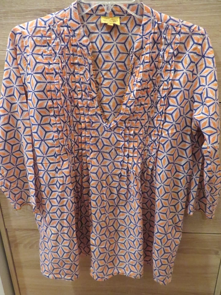 Roberta Roller Rabbit Beaded Tunic Top Sz S Lightweight Cotton Lawn Peach Blue - Image 1 of 4