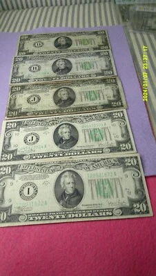 1934, A, B, C, D, $20 Twenty Dollar F R Notes of 5 Circulated CRISPY $100 FACE - Image 1 of 4