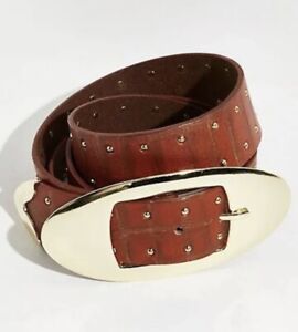 New Free People Tortuga Belt Sz S/M 32-38 Brown Studded Gold Buckle $68 L1
