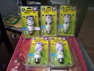 5) NEW GE Energy Smart 60 Watt (Uses Only 13 Watts) Fluorescent Light Bulbs SAVE - Picture 1 of 3