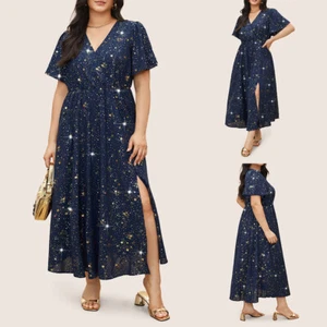 Plus Size Women Star Glitter V Neck Split Dress Ladies Cocktail Party Gown Dress - Picture 1 of 12