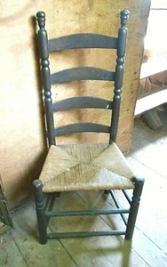 ANTIQUE 18th CENTURY 4 SLAT SAUSAGE TURNED LADDERBACK CHAIR, OLD BLACK PAINT - Picture 1 of 7