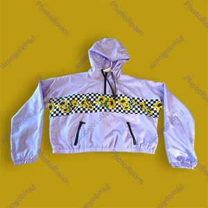 Rue 21 Size XL Windbreaker Hoodie Crop Jacket Purple Checkered Sunflowers Zipper - Picture 1 of 8
