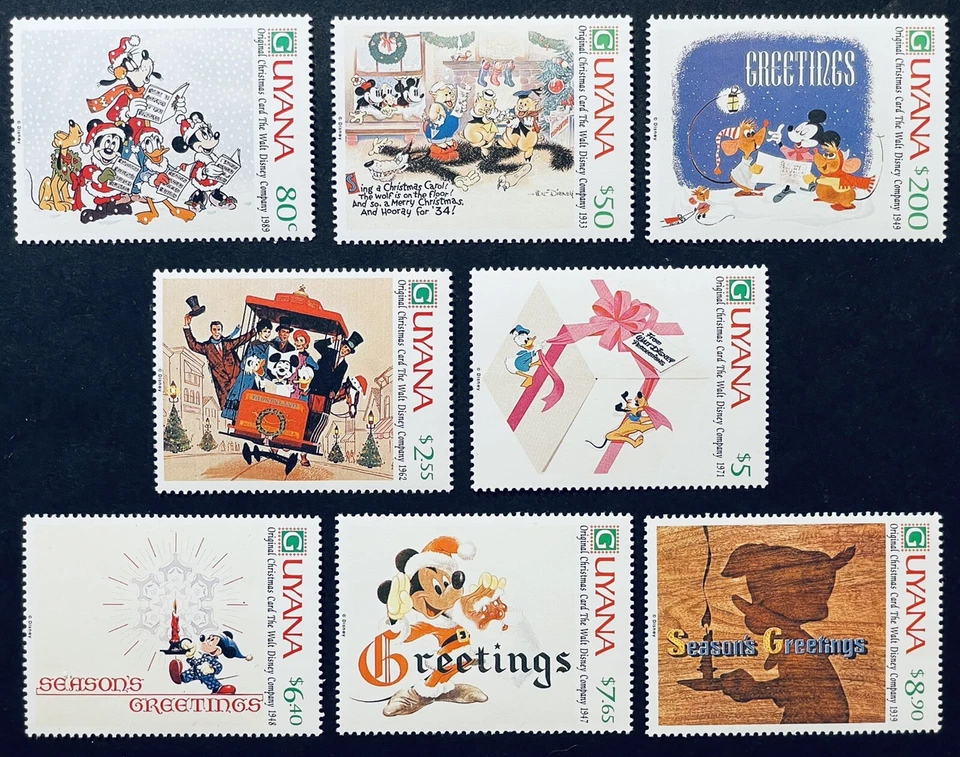 JUEGO DE 8 SELLOS DE TARJETAS DE NAVIDAD ORIGINALES GUYANA DISNEY MNH 1991 CUENTO DE HADAS MICKEY Foto 1 de 1
