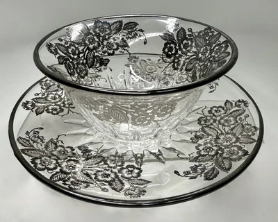 VTG Sterling Silver Overlay Glass Bowl & Plate Set “Silver City Co” Blossom Time - Image 1 of 4