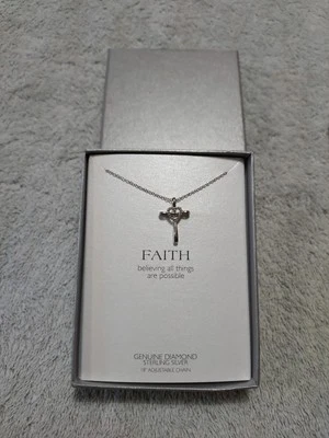 Collar Colgante Cruz Fe Plata de Ley 18 Pulgadas Diamante Genuino Nuevo Foto 1 de 4