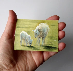 Original Not A Print ACEO miniature signed by myself. Sheep & lamb. Collectable - Picture 1 of 3