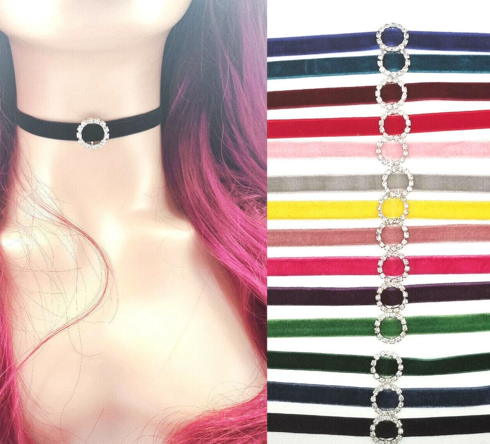 Choker Necklace Velvet Circle Rhinestone Charm Classic Multicolor FREE POST UK - Image 1 of 1