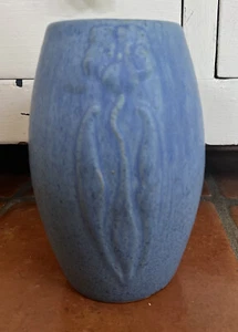 Zanesville Vintage Stoneware Pottery Matte Blue Floral 9" Vase Art Nouveau - Picture 1 of 8