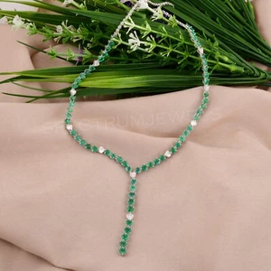 Zambian Emerald Heart SI/H Diamond Lariat Necklace 14k White Solid Gold 11.70Tcw - Picture 1 of 10