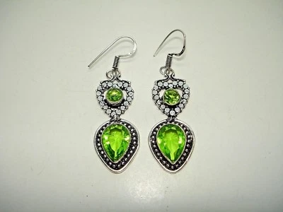 AB One-of-a-Kind Green Peridot Heart .925 Silver Hook Dangle Earrings 2.25" - Image 1 of 4