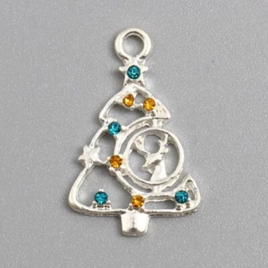 5 Stunning Christmas Tree Silver Tone Charm Pendants Mixed Colour Rhinestones - Picture 1 of 1
