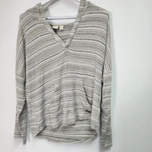 ROXY Womens Sweet Thing Heather Stripes Hooded Top Large Gray Pullover Pockets - Picture 1 of 9