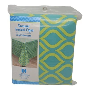 Tablecloth 60x84 Teal and Green Vinyl Oblong Oval Tables Abstract Pattern NEW - Picture 1 of 10