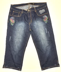 Don Ed Hardy by Christian Audigier Womens Size 33 Denim Capri  Floral  Wide Leg - Picture 1 of 7