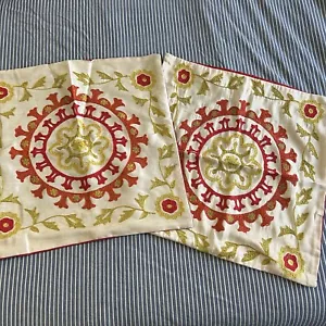 Pier 1 One 2 Pillow Covers Embroidered Applique Crewel Floral 17” Red Cream - Picture 1 of 6