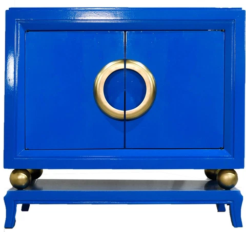 1980s Post Modern Gold Globe Cabinet in Blue - Newly Lacquered Cover