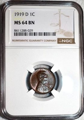 NGC MS-64 BN 1919-D Lincoln Cent, Blazing, Attractively Toned specimen! - Image 1 of 2