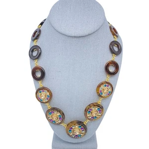 Talbots Faux Tortoise Shell Rhinestone Cluster Necklace Gold Tone Costume - Picture 1 of 12